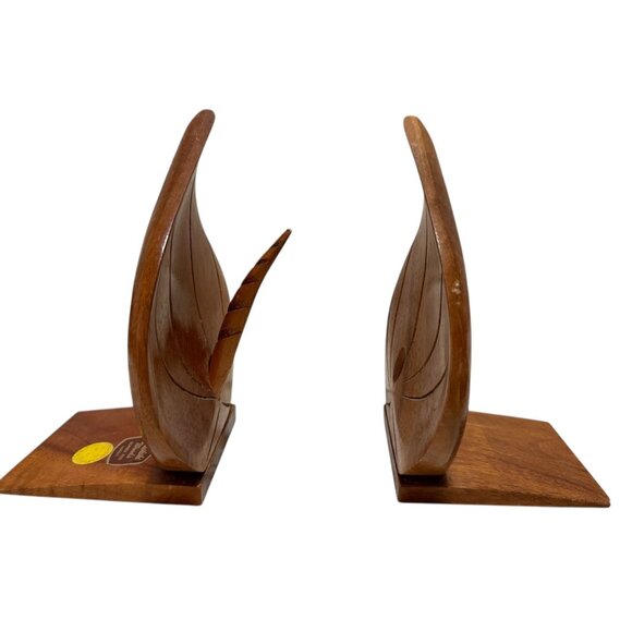 Waikiki Woods Monkey Pod Bookends Hawaii Hand-Carved Wooden Leaf Design READ - Picture 4 of 8